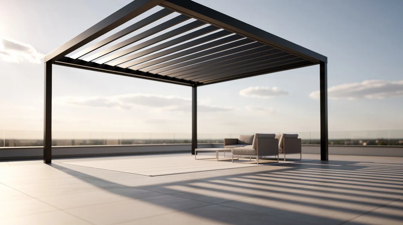Une terrasse avec une pergola bioclimatique à lames orientables, offrant un jeu d'ombre et de lumière, crée une ambiance agréable pour profiter de l'extérieur. Les lames sont partiellement ouvertes, permettant à la lumière du soleil de filtrer tout en offrant une protection contre la pluie et le vent.