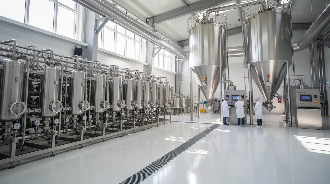 b8e85dcf 75de 494d aa34 b234ab6885ce The image depicts a modern whey processing production line featuring advanced stainless steel membrane filtration and drying equipment, designed for bulk production of whey protein concentrate. This setup illustrates the operational efficiency of the dairy industry, focusing on transforming liquid whey into a final powdered product while managing costs and ensuring compliance with accrual-based accounting guidance.