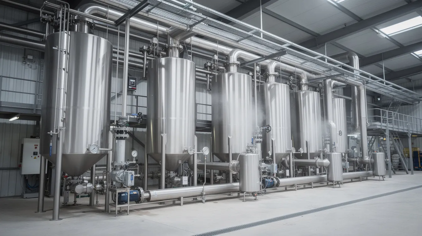 The image depicts large industrial steel vessels and extensive piping used in the meal processing and cooling system at an oilseed extraction facility, illustrating the solvent extraction process for extracting oil from raw materials. The setup highlights the critical components of a solvent extraction plant designed for high efficiency in oil recovery and further processing.