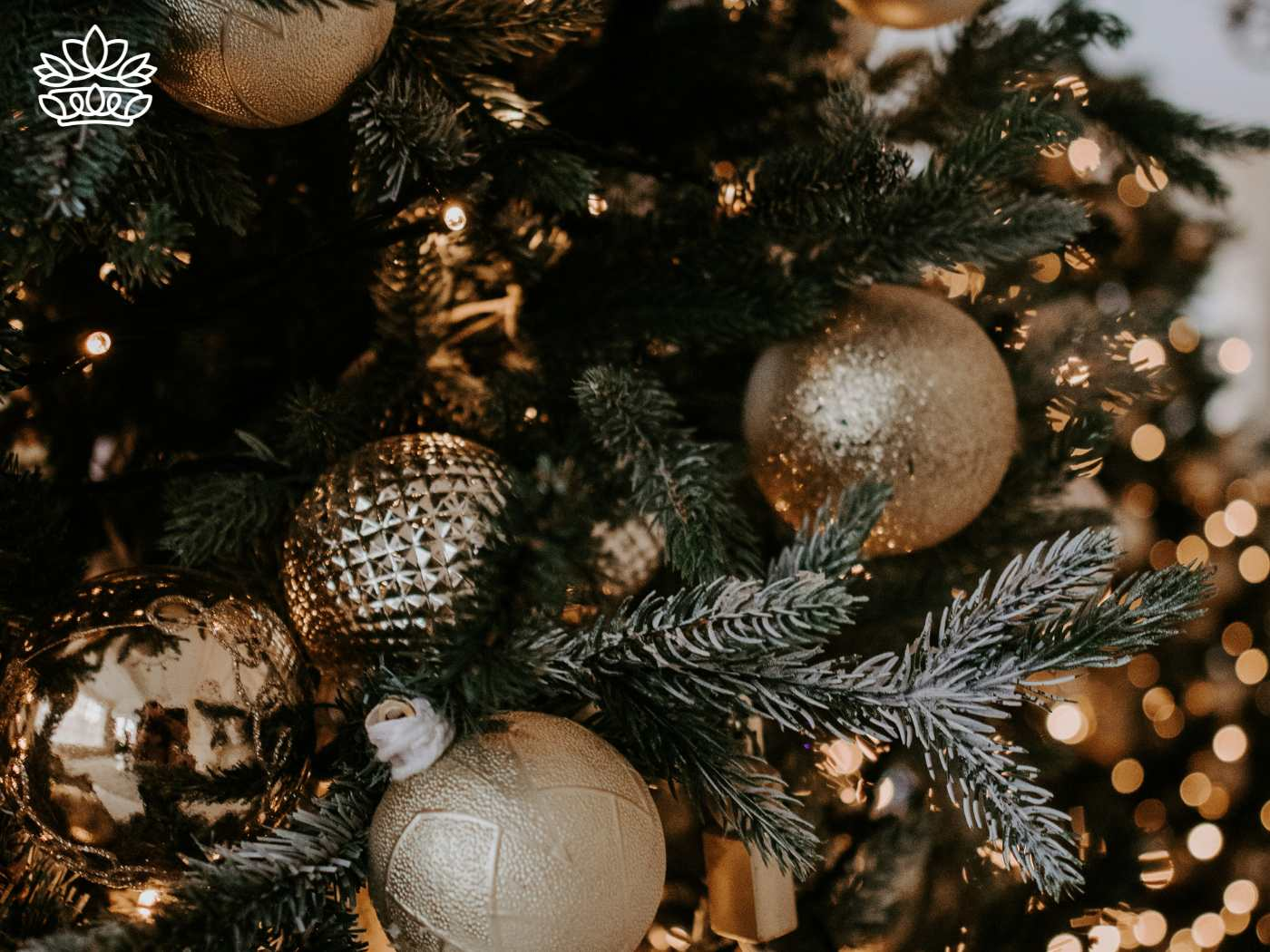 Luxurious golden baubles nestled among the new growth of a Christmas tree, mirroring the bloom of commonly grown flowers in late spring, set against a backdrop of twinkling festive lights, part of the exquisite Christmas Collection at Fabulous Flowers and Gifts.