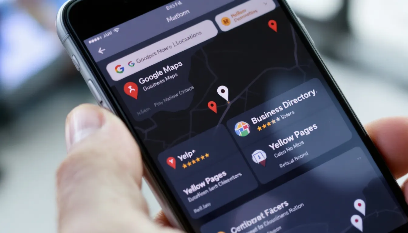 The image shows a smartphone screen filled with various business directory apps and map services, featuring place pins that indicate multiple local businesses. This visual emphasizes the importance of local listing management and accurate business information for enhancing presence in regional search results.