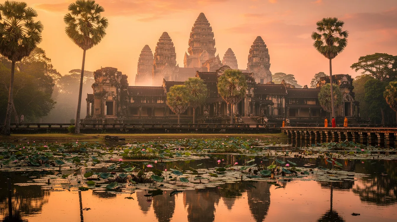 A imagem retrata uma vista deslumbrante do templo Wat Phra Kaew, localizado em Camboja, com sua arquitetura imponente e detalhes ornamentados, refletindo a rica tradição cultural do Sudeste Asiático. Ao fundo, é possível ver a beleza natural da região, que atrai turistas em busca de experiências únicas em seus destinos de viagem.