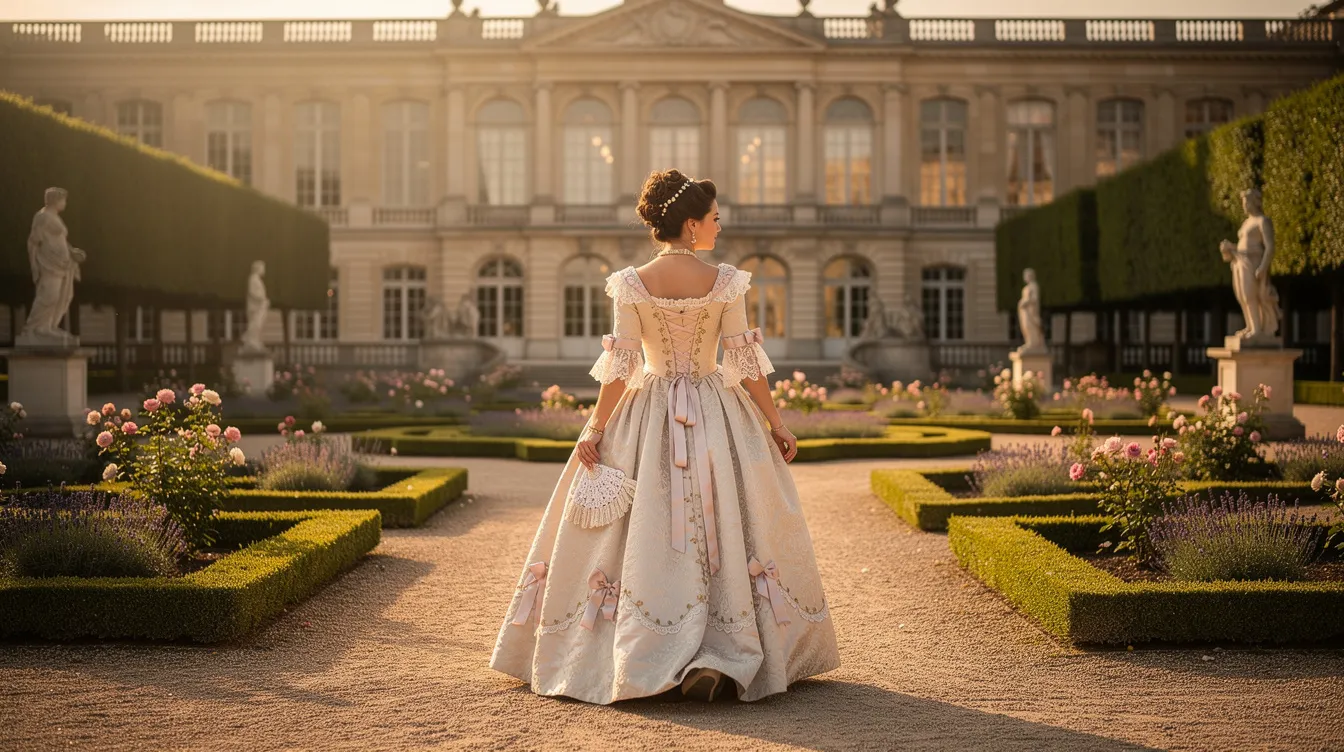 Das Bild zeigt eine elegante Frau in historischer Kleidung, die durch einen prachtvollen europäischen Palastgarten spaziert. Die Szenerie vermittelt ein Gefühl von Anmut und Geschichte, während die Frau wie eine moderne Marie Antoinette wirkt, umgeben von üppigen Blumen und kunstvoll gestalteten Hecken.
