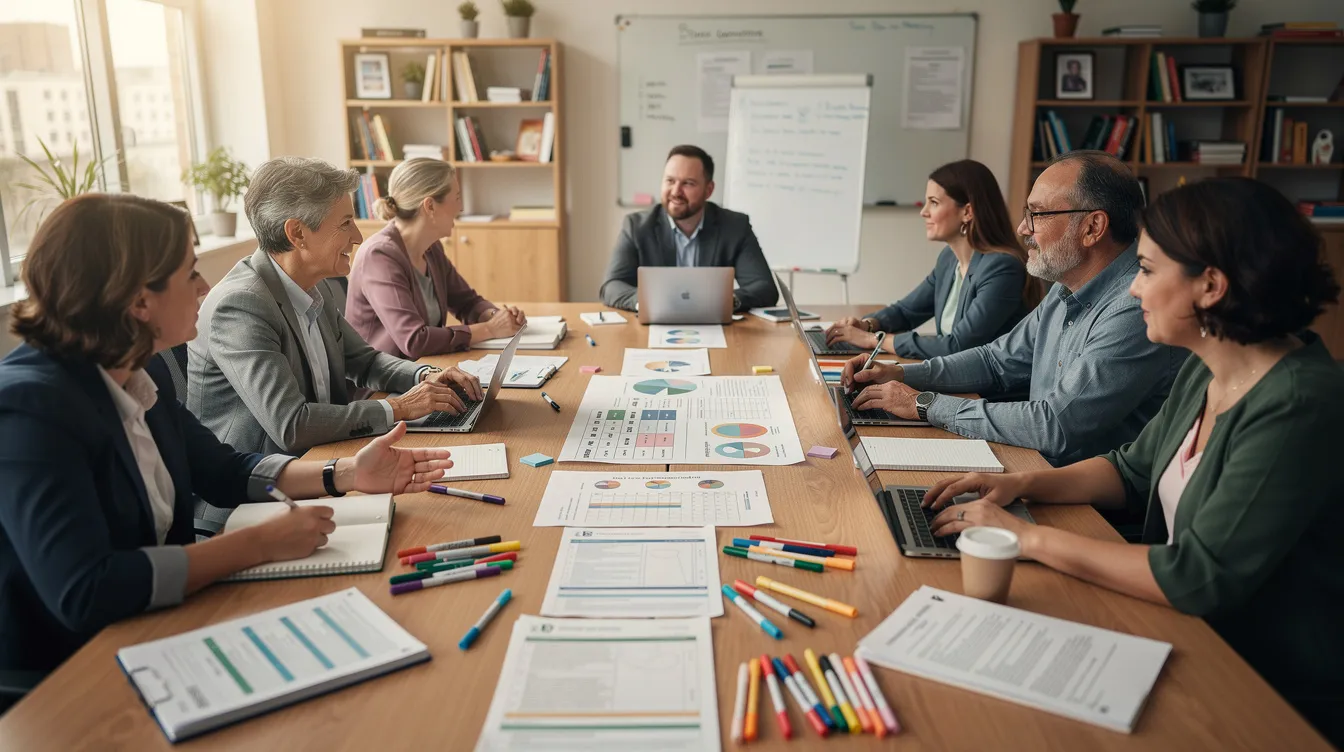Na obrazie widzimy spotkanie zespołu nauczycieli przy stole, gdzie omawiają dokumentację uczni&oacute;w oraz potrzeby kształcenia specjalnego. W trakcie rozmowy poruszane są tematy związane z pomocy psychologiczno-pedagogiczną oraz diagnozowaniem indywidualnych potrzeb rozwojowych uczni&oacute;w.
