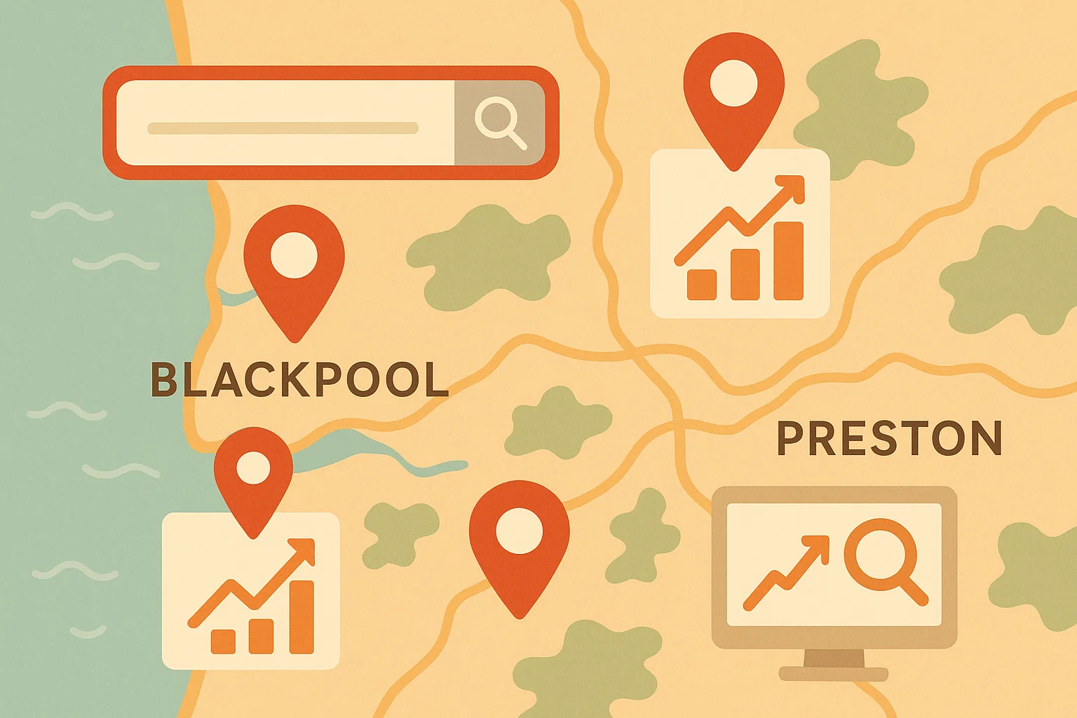 Map of Blackpool and Preston with SEO icons highlighting the shift from foot traffic to digital visibility for local businesses.