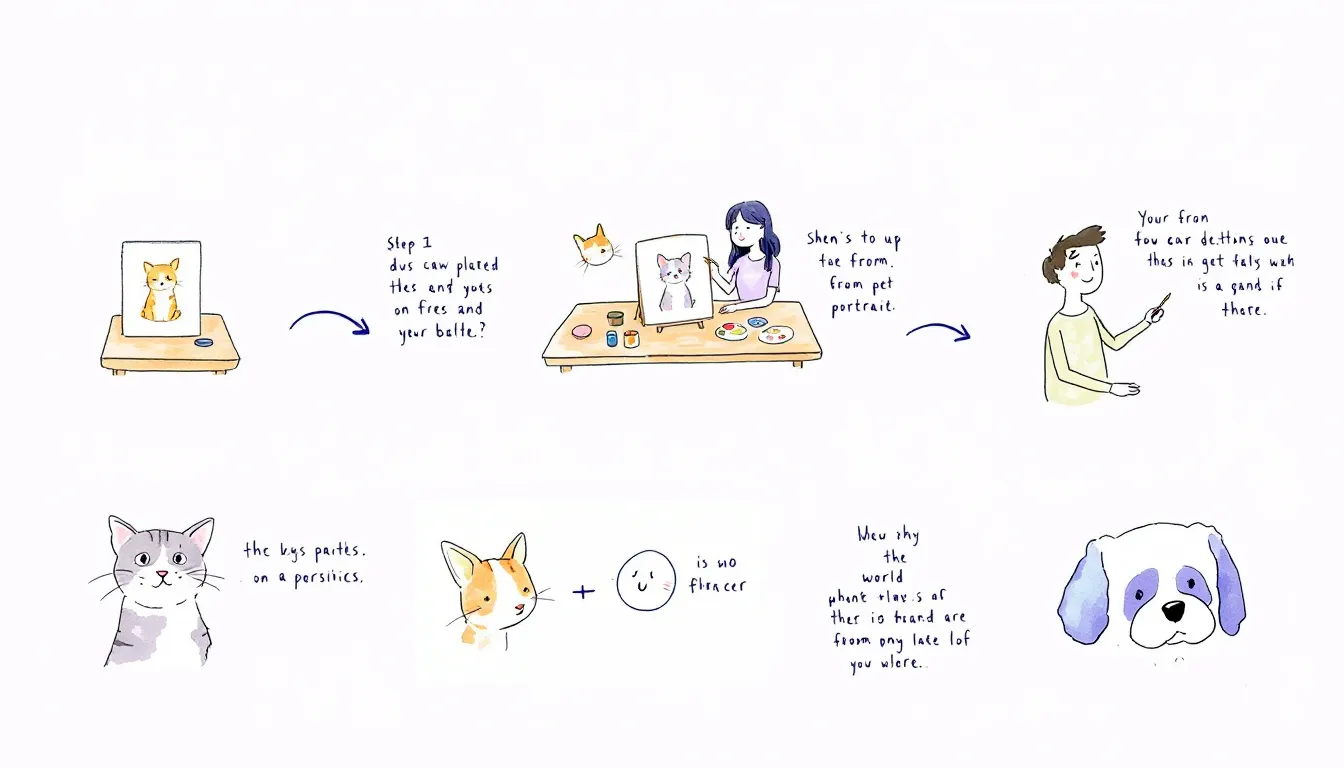 A step-by-step illustration showing the process from photo to pet portrait.