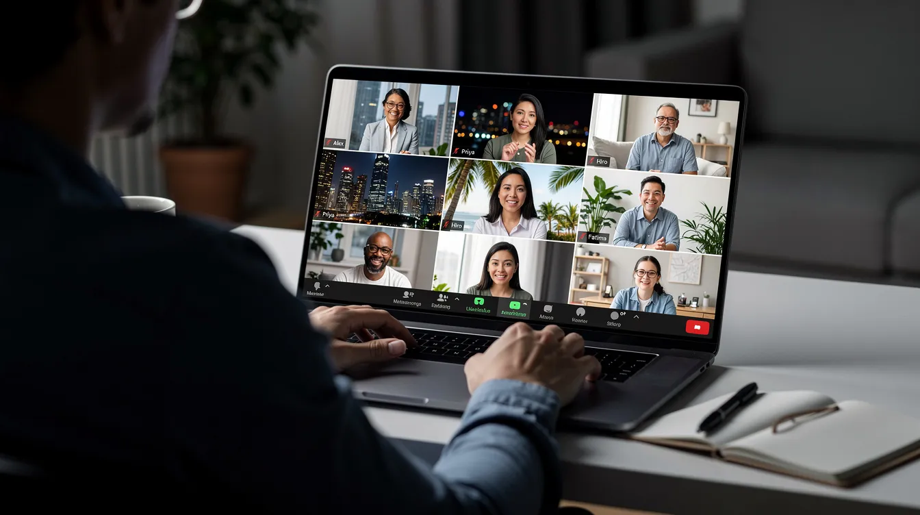 The image shows a person engaged in a video call with a diverse global team displayed on their screen, highlighting the importance of global payroll and compliance support in managing international employees. This scene emphasizes the need for effective global workforce management and the complexities of overseas payments across different countries.