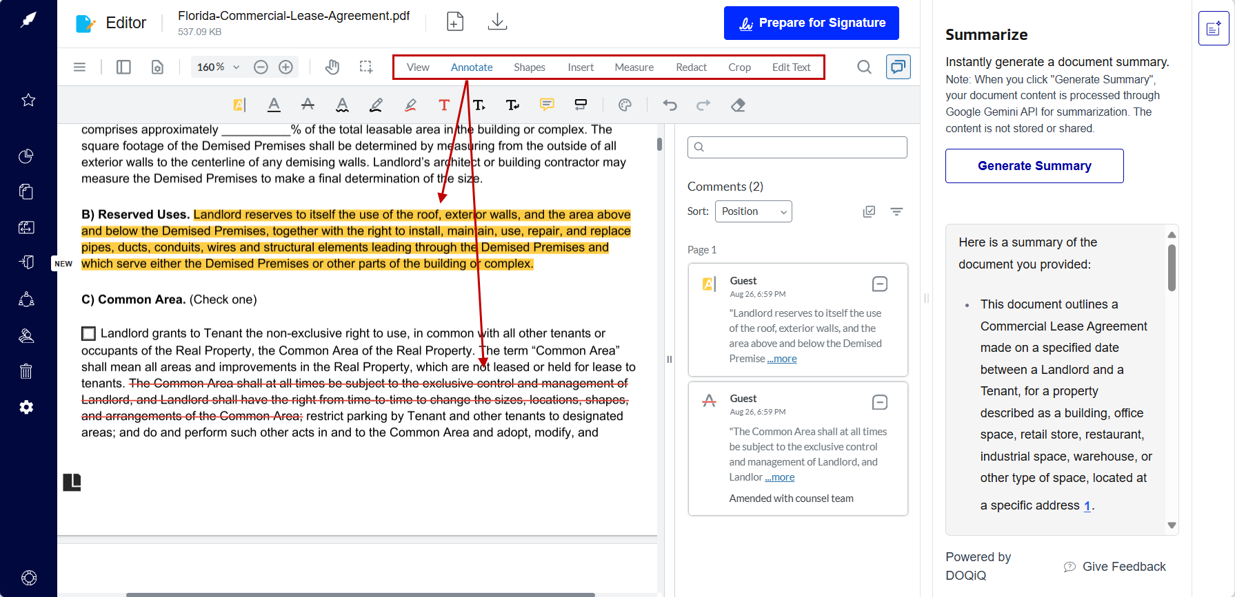 Editing a lease agreement with Xodo Sign Advanced Editor