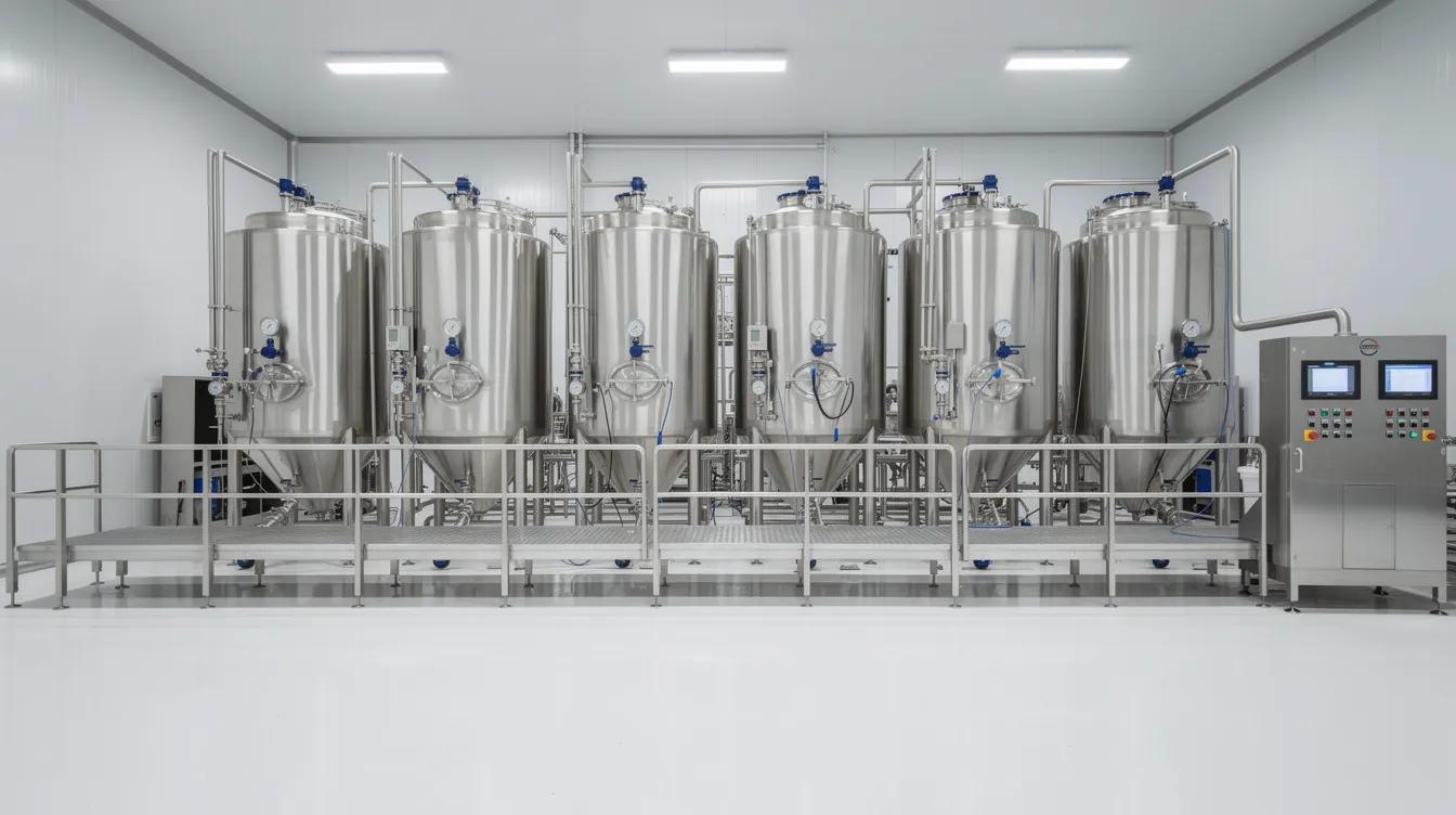 b8f2e316 b020 468d a75e cc5b46d0d071 The image depicts an industrial dairy processing facility featuring modern stainless steel equipment and large storage tanks, all within a clean and organized manufacturing environment. This facility is essential for efficient milk production and processing, supporting dairy projects and agricultural operations.