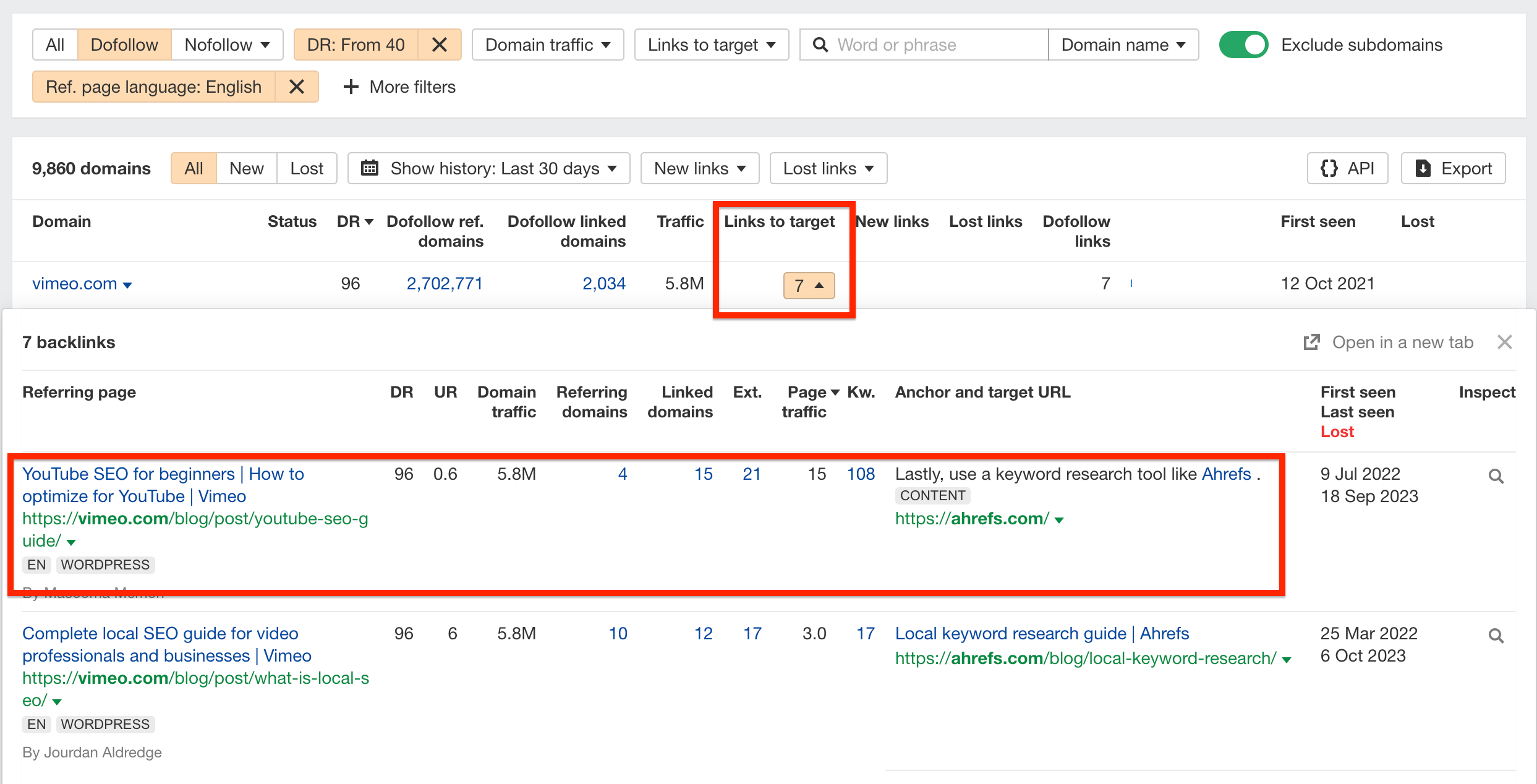 Ahrefs site explorer links to target label