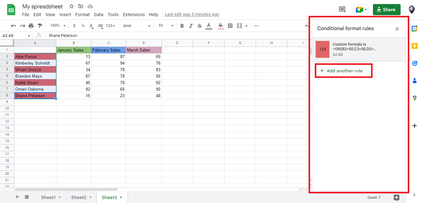 Multiple conditional formatting rules.