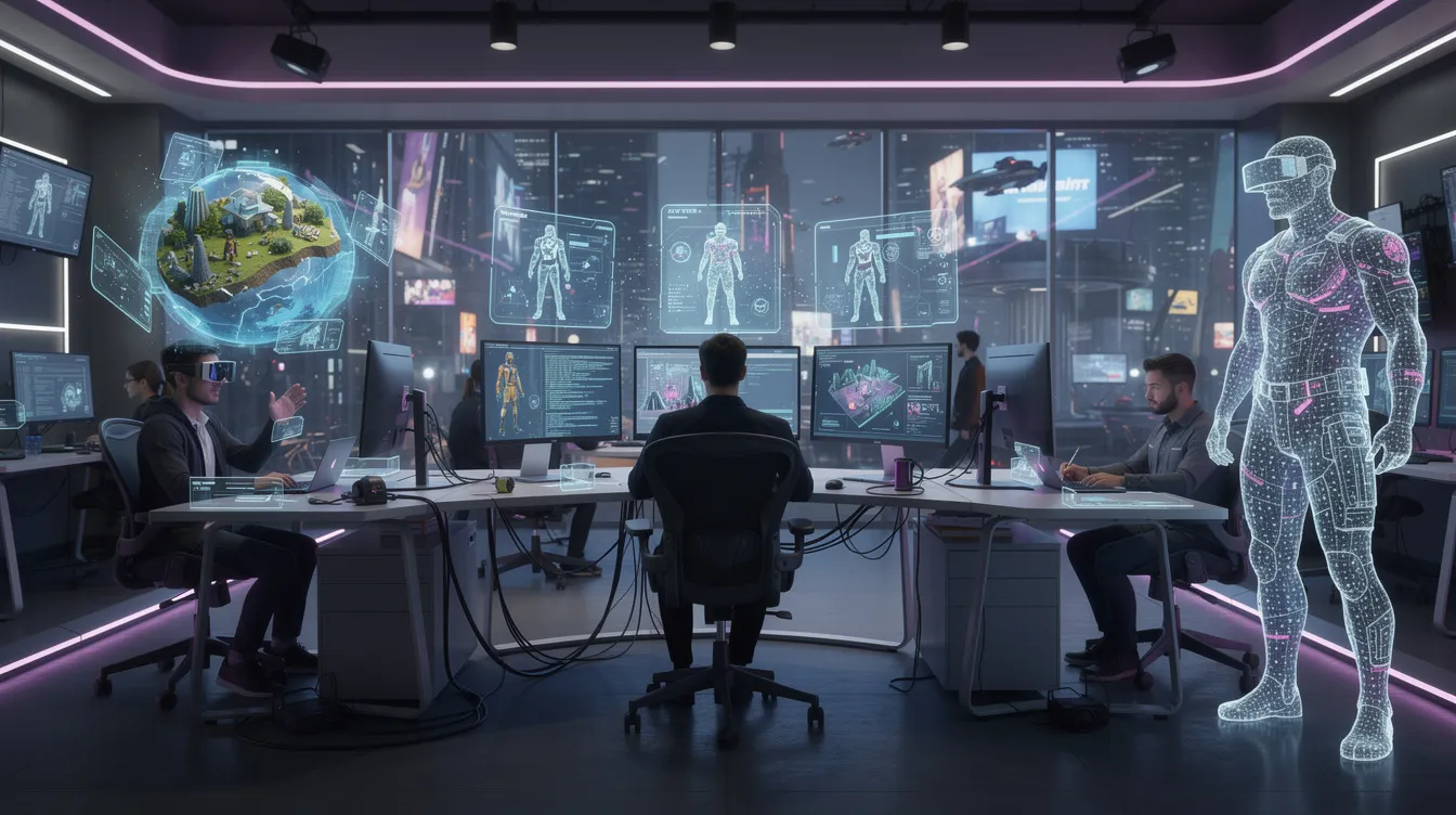 The image depicts a futuristic game development studio where developers are engaged at high-tech workstations, surrounded by holographic displays showcasing various game prototypes. This innovative environment highlights the integration of AI tools and generative AI in the video game industry, emphasizing the collaborative efforts of game designers and developers in creating immersive game worlds.