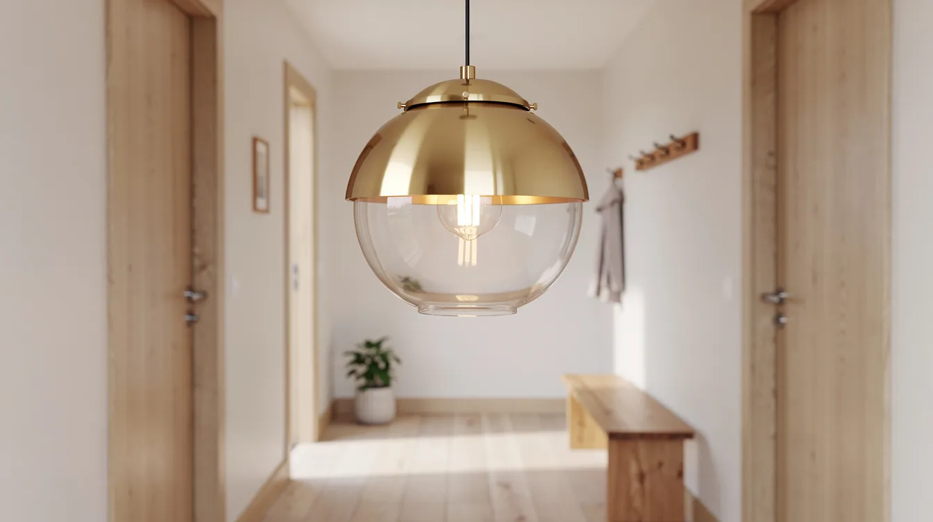 En bollformad taklampa i mässing och klarglas hänger i en ljus hall med trädetaljer, vilket ger en stilren och modern atmosfär. Lampan sprider ljuset jämnt i rummet och passar bra som funktionell belysning.
