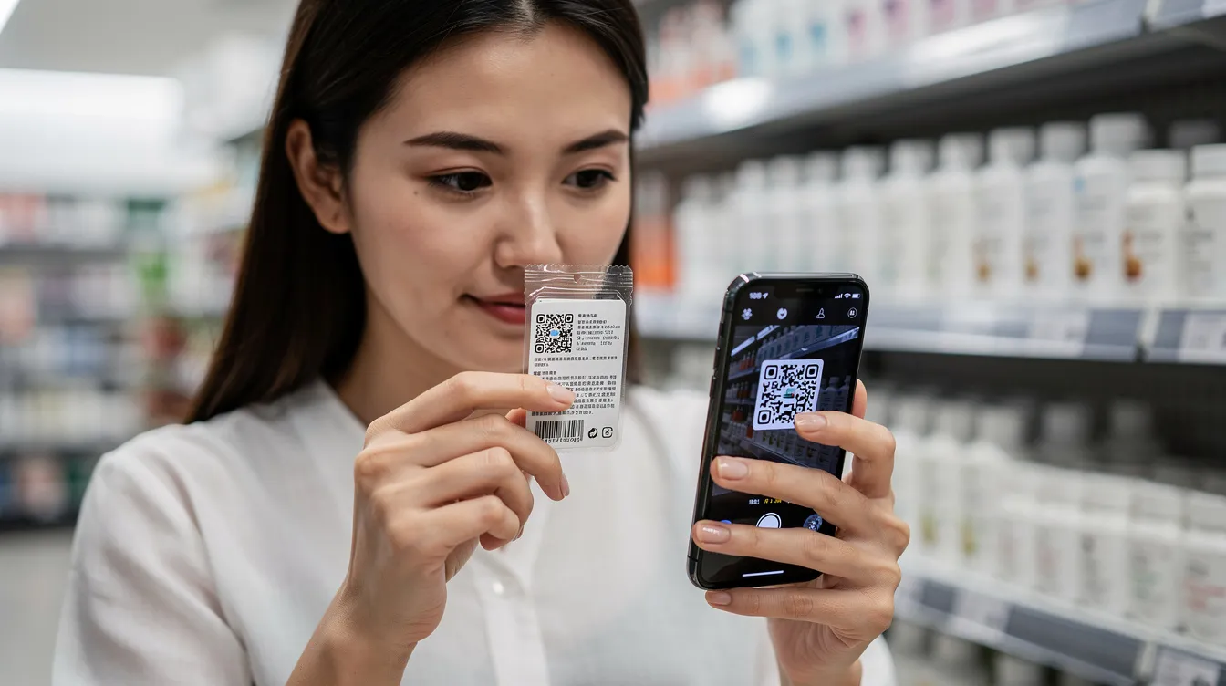 A person is closely examining a product label for cannabis products while scanning a QR code with their smartphone, likely to verify compliance with cannabis laws in New Mexico. The scene highlights the importance of informed purchasing for medical marijuana patients and the legal status of various cannabis items.