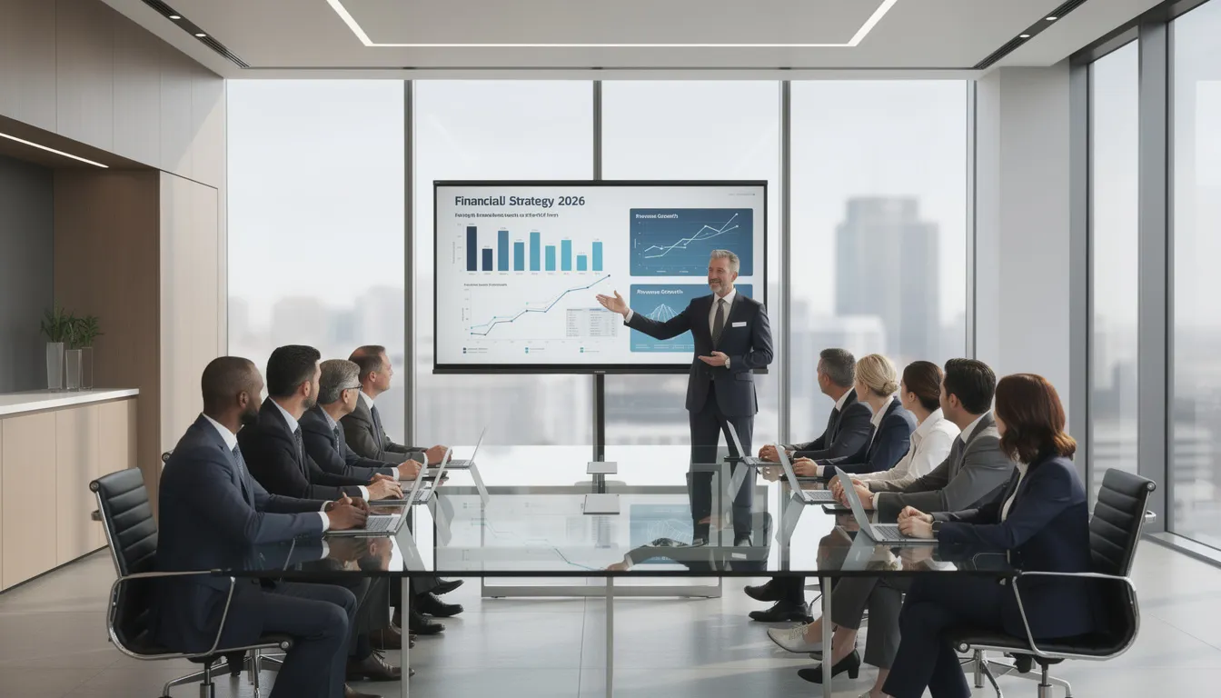 b8f760fd 694f 499d 9e65 9e3823feddc7 Na obrazku w nowoczesnej sali konferencyjnej profesjonalny dyrektor finansowy prezentuje strategię finansową przed zarządem firmy. W tle widać nowoczesne technologie oraz uczestników spotkania, którzy są zaangażowani w podejmowanie kluczowych decyzji biznesowych.