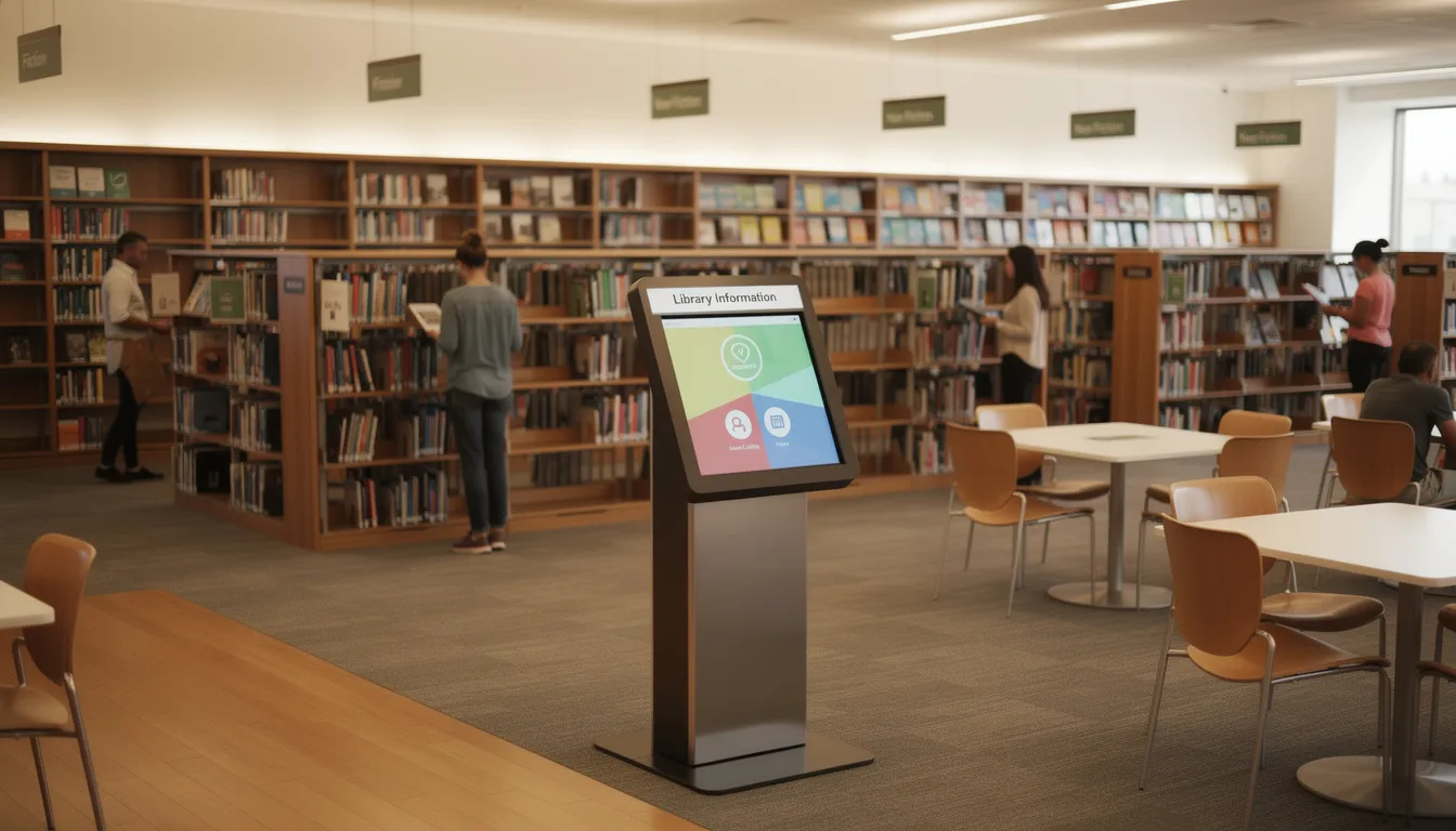 The image depicts the interior of a library featuring a standing-height interactive kiosk station designed for intuitive interaction, equipped with a touch screen and various computer components. This sleek, space-saving unit allows users to discover information and complete tasks efficiently within the library's workspace.