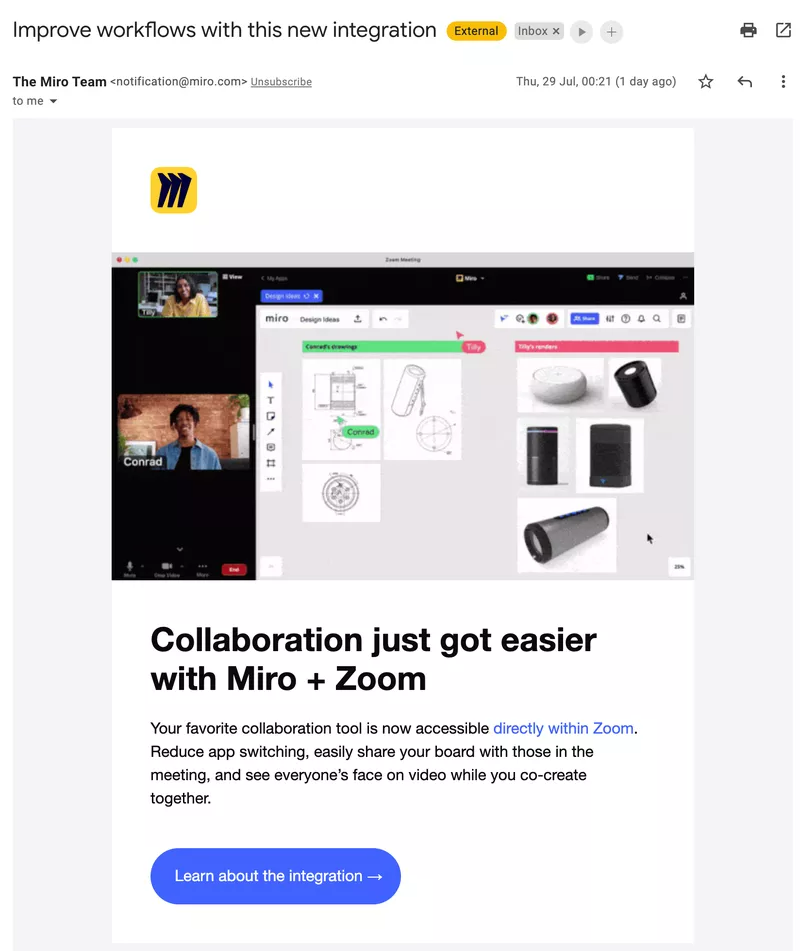 Annuncio via e-mail di Miro e Zoom.