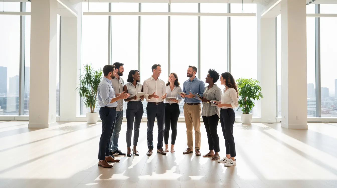 L'image montre une équipe réunie en cercle dans un espace ouvert et lumineux, favorisant un échange collaboratif. Ce moment illustre l'importance de la culture d'entreprise et du travail d'équipe pour atteindre des objectifs communs.