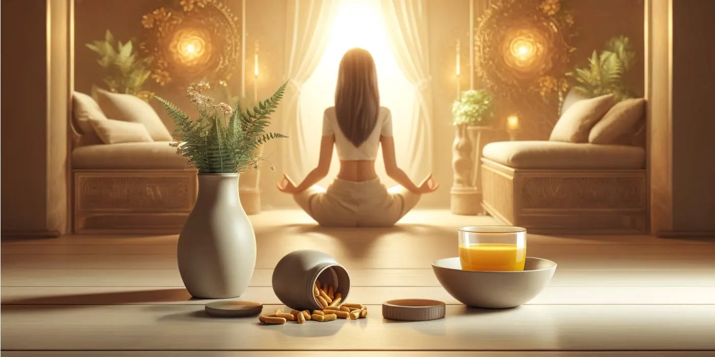 Eine Frau sitzt entspannt in einem schön dekorierten Raum, umgeben von sanftem Licht und Anzeichen von Kurkuma wie eine Tasse goldenen Kurkumatee und Kapseln, was eine Atmosphäre der Ruhe und des Wohlbefindens vermittelt.
