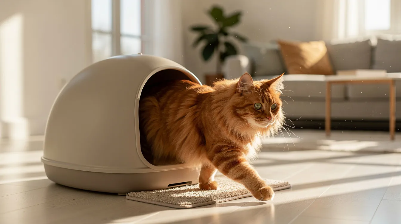 A fluffy orange cat is stepping out of a covered litter box in a bright living room, showcasing its comfort after using the clay cat litter inside. The scene highlights the importance of a clean and cozy space for pet owners, ensuring odor control and the well-being of their furry friends.