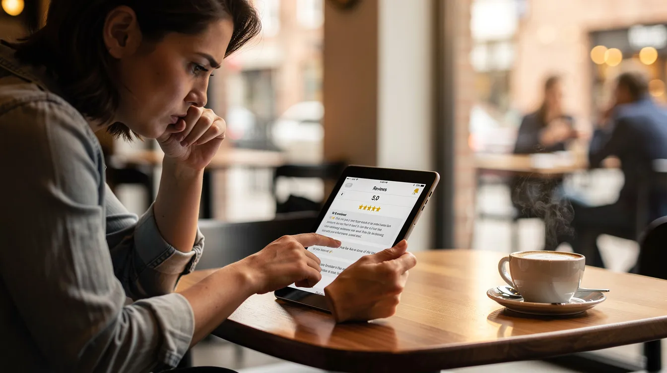 Eine Person betrachtet auf einem Tablet nachdenklich Online-Bewertungen über Produkte, während eine Kaffeetasse in der Nähe steht. Die Bewertungen könnten Informationen über Qualität, Preis und Lieferzeiten enthalten, die für die Entscheidung beim Online-Shopping wichtig sind.