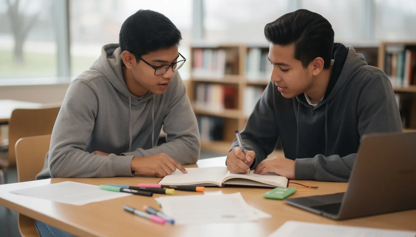 Na obrazku widać dwóch studentów siedzących przy stole, porównujących notatki i dyskutujących na temat nauki języka hiszpańskiego. Ich zaangażowanie sugeruje, że pracują nad zrozumieniem zastosowania czasowników ser i estar w czasie teraźniejszym.