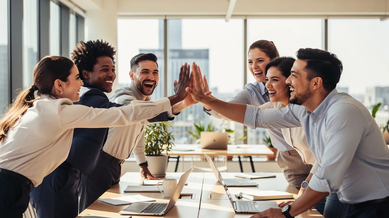 A diverse group of coworkers is high-fiving and celebrating together in a bright, modern workspace, showcasing team spirit and collaboration. This joyful scene reflects the positive outcomes of effective team building activities that strengthen relationships and boost employee engagement.