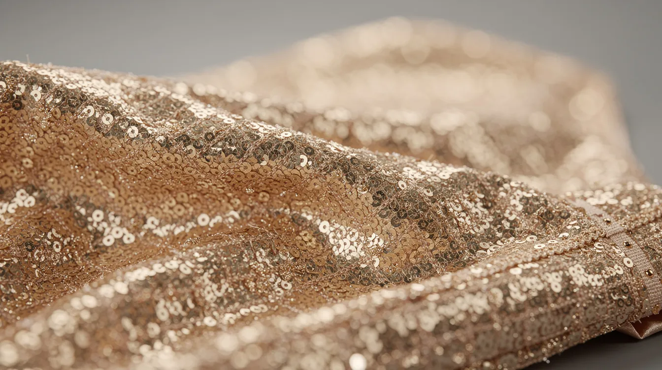 A close-up of a champagne-colored sequined evening gown is showcased under soft lighting, highlighting its elegant sparkle and strapless neckline. This timeless gown is perfect for a wedding party or as a maid of honor dress, complementing the bridal vision for a special day.