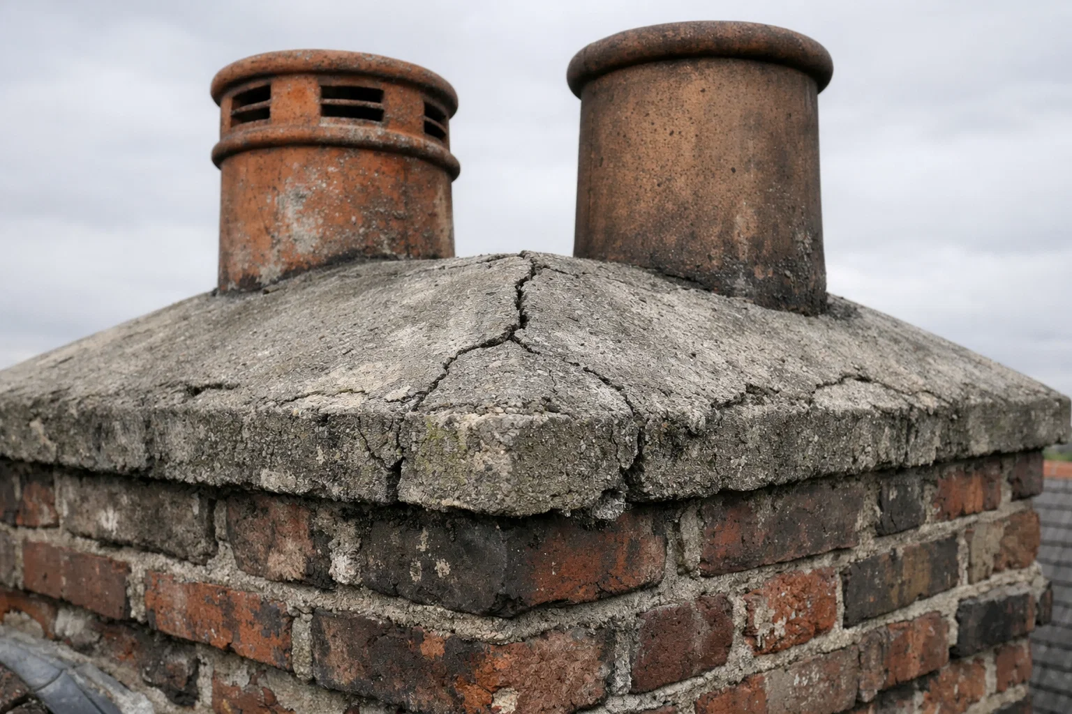 Close up of chimney crown, flaunching and chimney pots with visible weathering.
