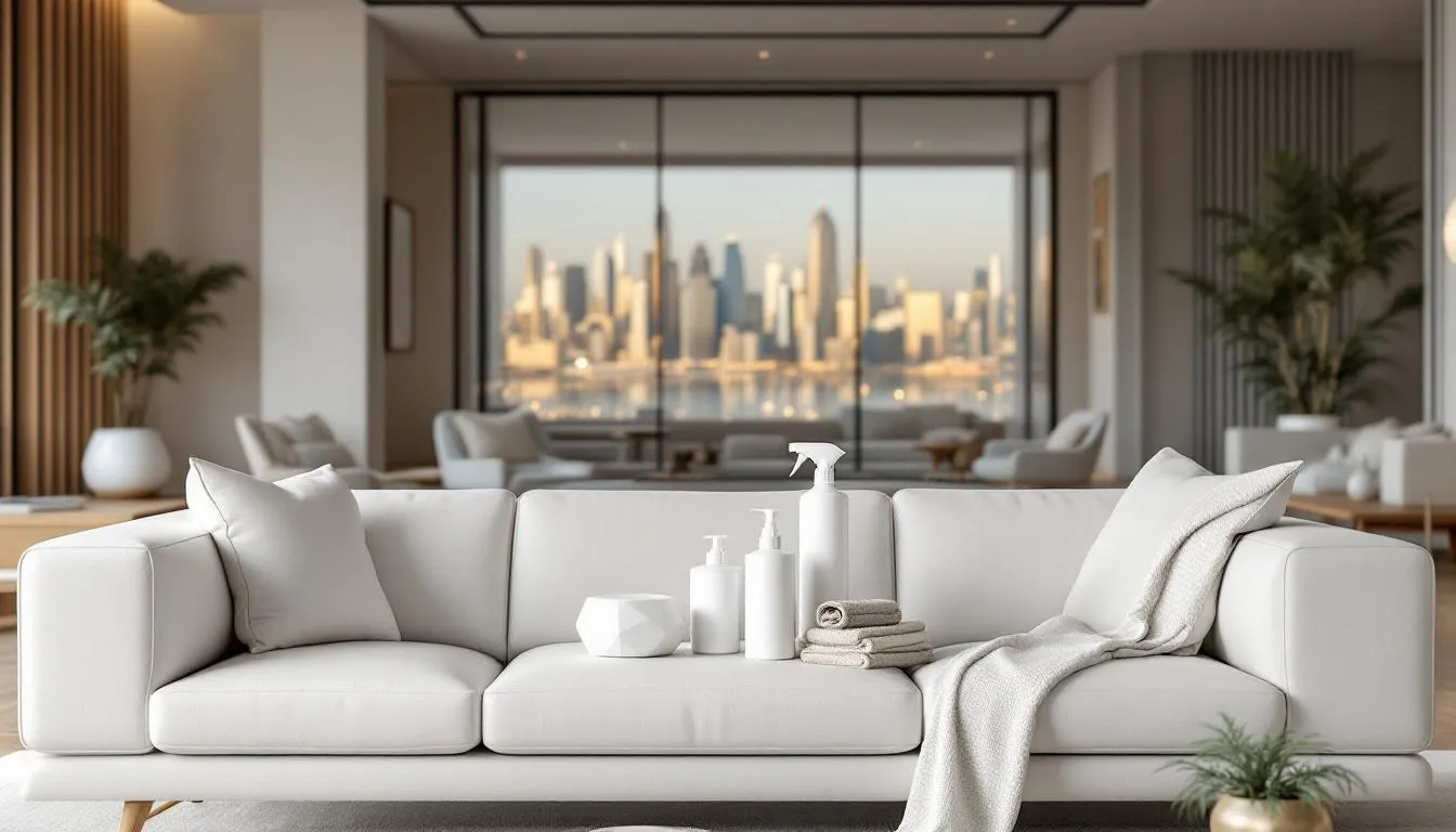 Eco-friendly cleaning products displayed with a clean sofa, promoting eco-friendly sofa cleaning solutions.