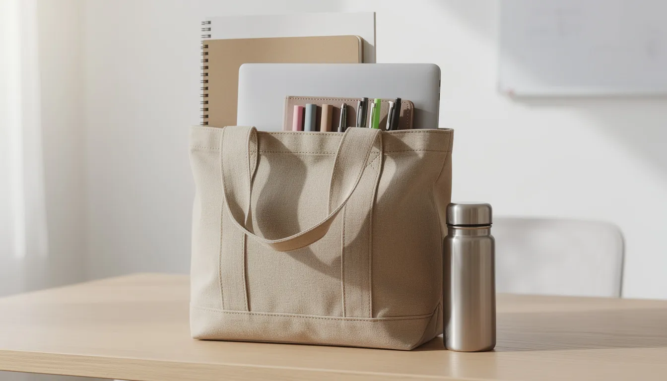 Eine professionelle Canvas-Tasche in natürlichem Beige, gefüllt mit Büromaterialien, Notizbüchern und einer Wasserflasche, liegt auf einem sauberen Holztisch