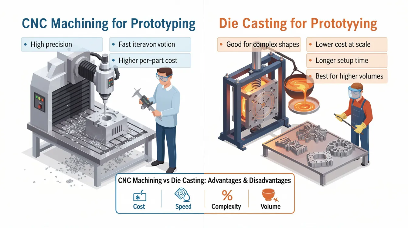 The image illustrates a comparison between CNC machining and die casting for prototyping, highlighting their advantages and disadvantages. It features a side-by-side depiction of CNC machined parts and die cast parts, showcasing the differences in production methods, such as the subtractive manufacturing process of CNC machining versus the molten metal casting process of die casting, along with notes on dimensional accuracy and tooling costs.