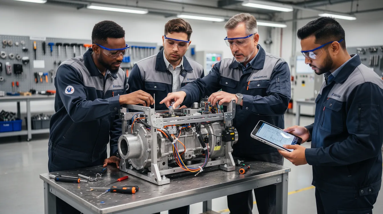 Skilled workers collaborating on technical equipment in a modern workshop.