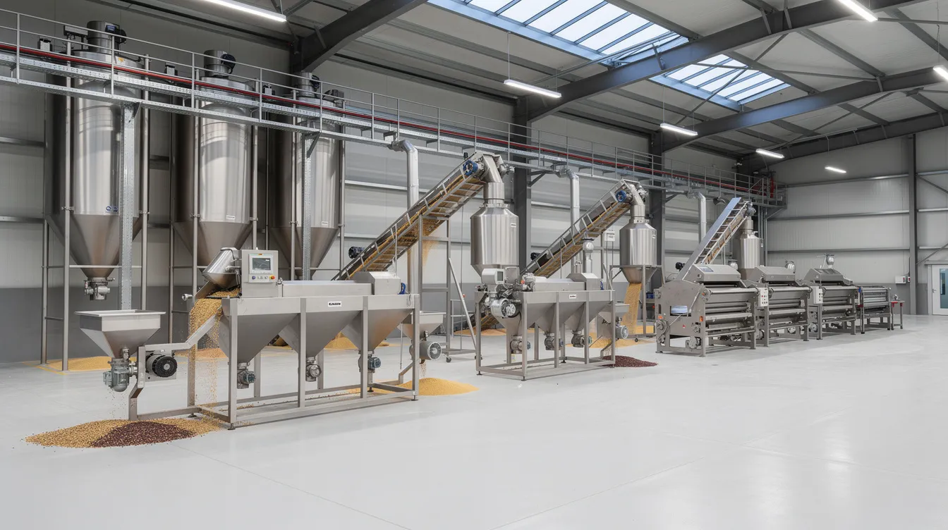 The image depicts a modern pulse processing plant featuring advanced grain and pulse processing machinery, including conveyors and hoppers, designed for thorough cleaning and grading of seeds. This setup enhances operational efficiency and reduces operational costs, showcasing the latest technology in the industry for processing food grains like kidney beans and yellow peas.