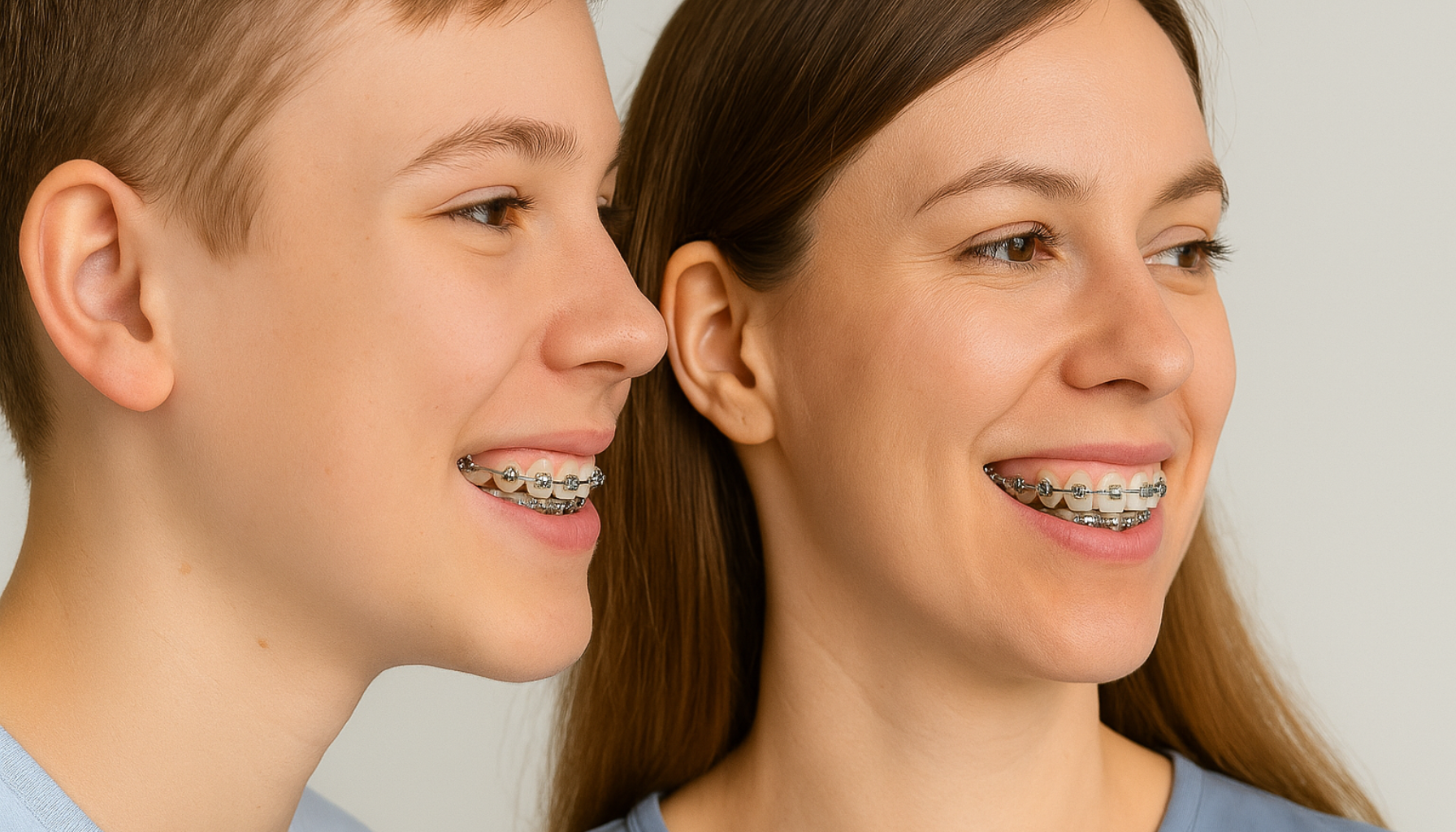 Smilende tenåring og voksen kvinne med tannregulering viser tenner i profil mot nøytral bakgrunn.