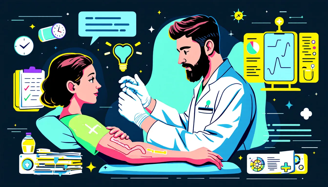 An illustration depicting a wound care specialist examining a patient’s wound.