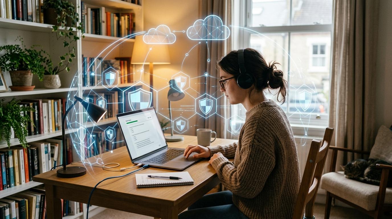 University student taking a secure online exam in a calm home environment with subtle cybersecurity shields and cloud infrastructure, highlighting privacy-focused assessment technology.