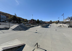 A picture of a happy dog playing at the Bethlehem Skate Park in a dog-friendly environment.