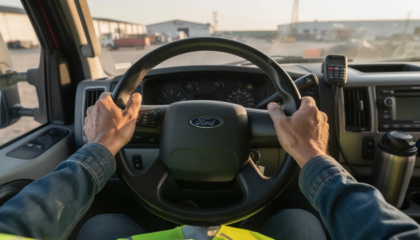 The image shows a pair of hands gripping a steering wheel inside a work truck, emphasizing the rough and cracked skin often experienced by those in labor-intensive jobs. To protect against dry and chapped hands, using a restorative hand cream with natural ingredients like shea butter and jojoba oil can help maintain skin's moisture barrier.