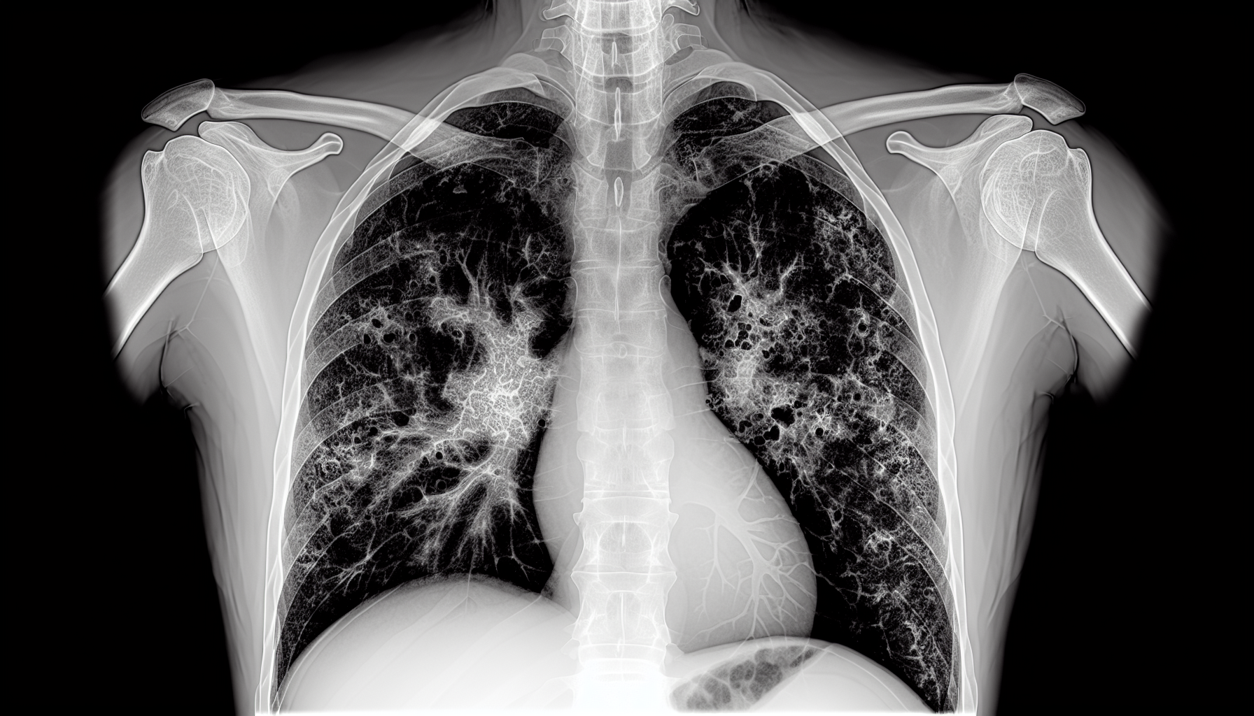 An X-ray showing lung scarring, a complication of rheumatoid arthritis