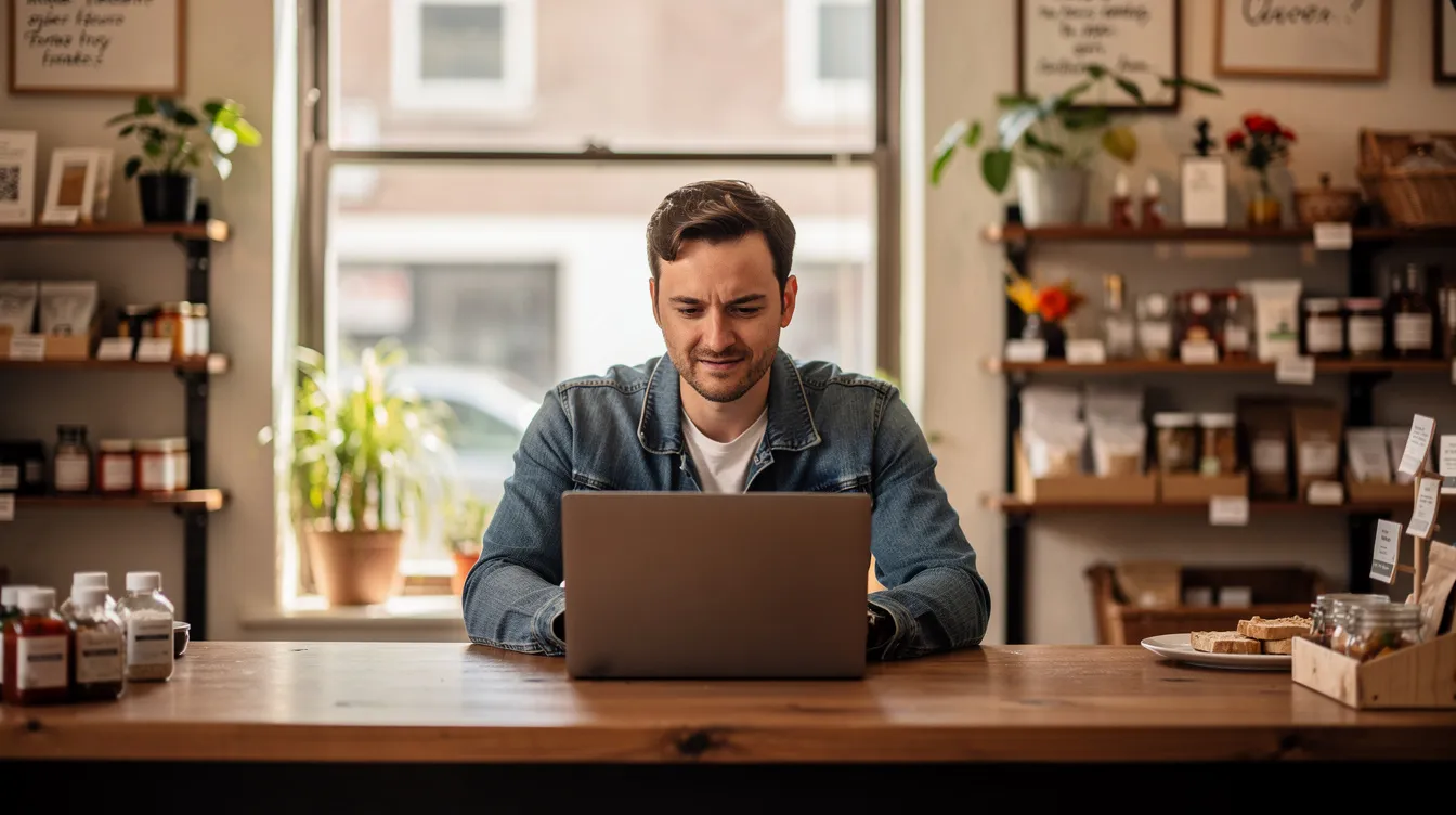 b90897df 32aa 4727 abe5 d793e3b496ce A small business owner sits at a shop counter using a laptop, focused on managing their micro enterprise. The owner may be exploring options for financial assistance, such as mudra loans, to support their business growth and ensure a satisfactory credit track record.