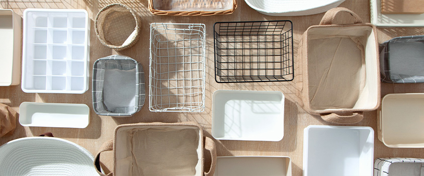 A wide selection of storage boxes and baskets, perfect for home organisation.