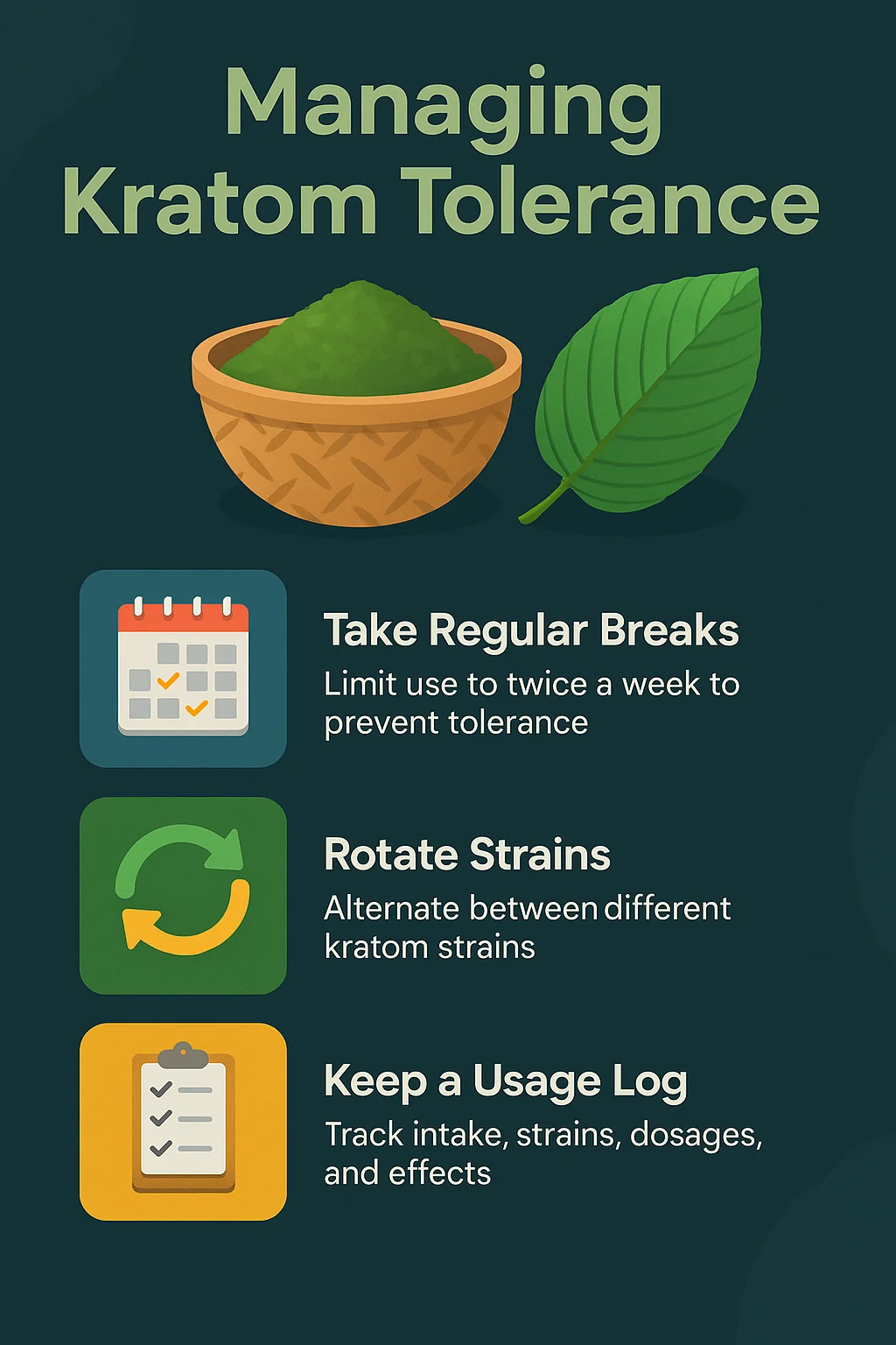 Yellow Kratom Explained: Unlocking the Mysteries of Yellow Vein Kratom Effects and Benefits 8 "Infographic titled 'Managing Kratom Tolerance' showing a bowl of kratom powder and a green leaf. Tips include: Take regular breaks (limit use to twice a week), Rotate strains (alternate between different strains), and Keep a usage log (track intake, strains, dosages, and effects)."