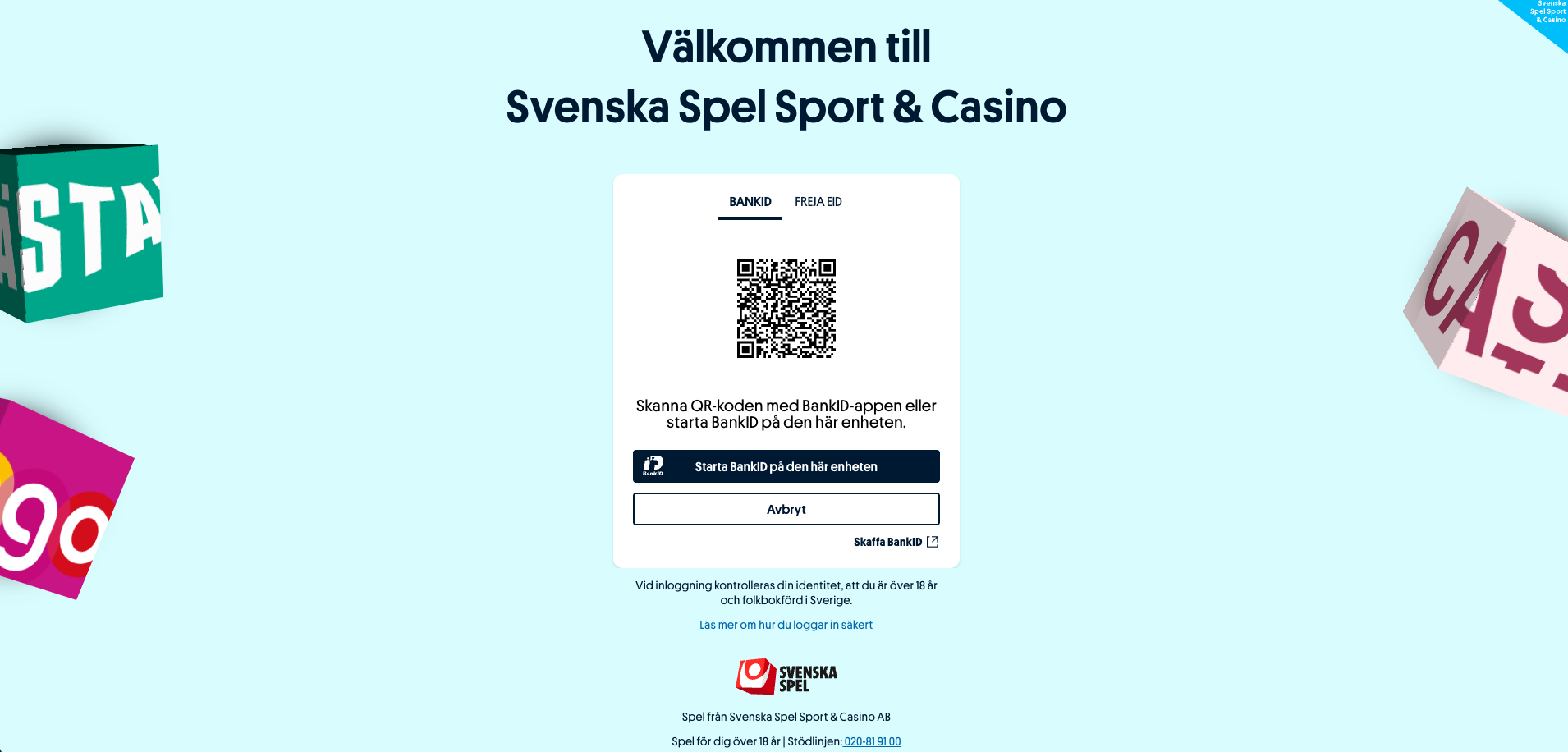 BankID-verifiering på Svenska Spel Sport Casino AB där spelare loggar in säkert för att göra insättningar och uttag via Swish