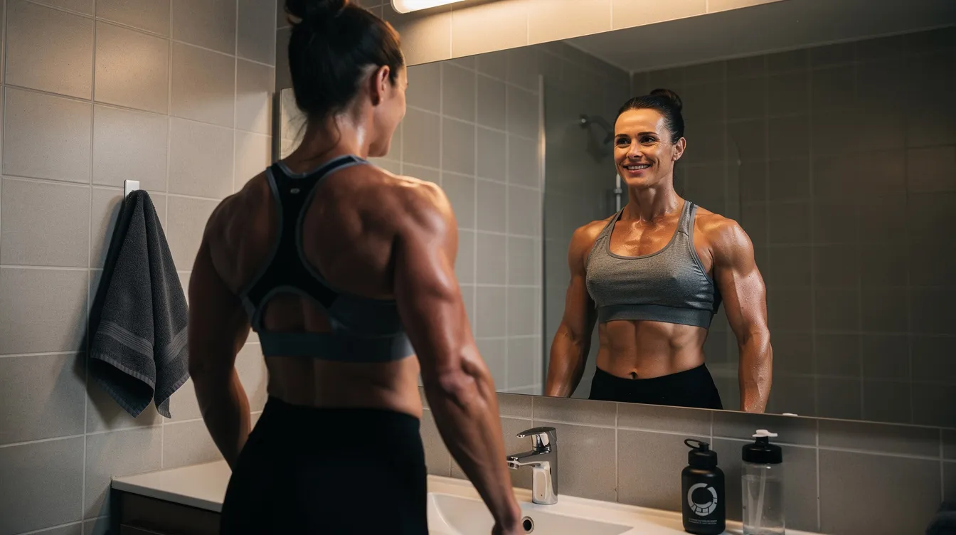 The image shows a person standing confidently in front of a mirror, showcasing their fitness transformation after significant weight loss. Their toned appearance highlights the positive effects of body contouring procedures, addressing excess skin and achieving smoother contours.