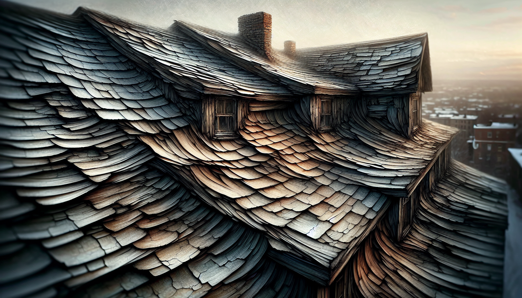 Artistic representation of an aging roof with cracked shingles