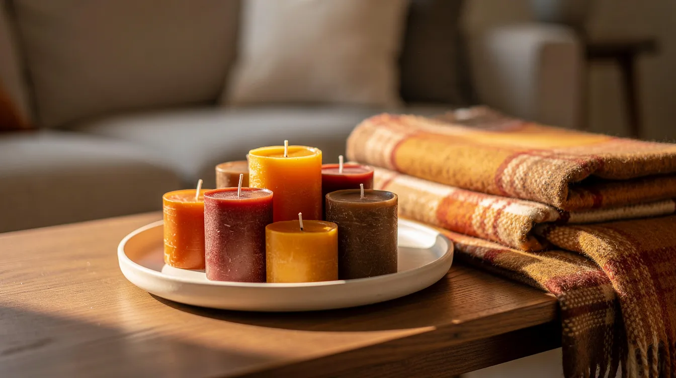Een seizoensgebonden kaarsenarrangement met herfstkleurige stompkaarsen in verschillende hoogtes, gepresenteerd op een keramieken schaal naast een plaid, creëert een gezellige en stijlvolle uitstraling in een modern interieur. De combinatie van kleuren en texturen voegt extra sfeer toe aan de ruimte.