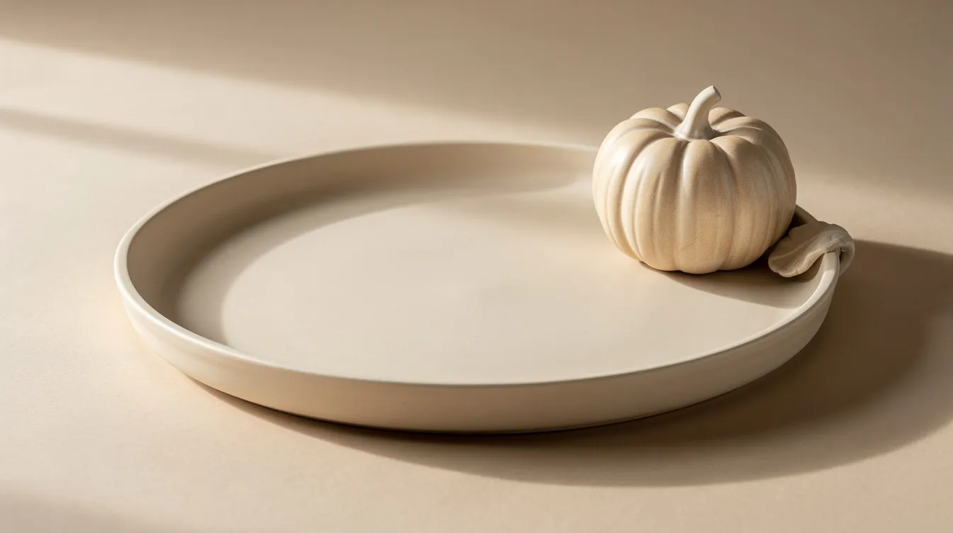 A neutral ivory serving platter features a small decorative ceramic pumpkin attached, embodying the simplicity and charm of life's seasons. This unique piece is perfect for various occasions, adding a touch of warmth to your table setting.