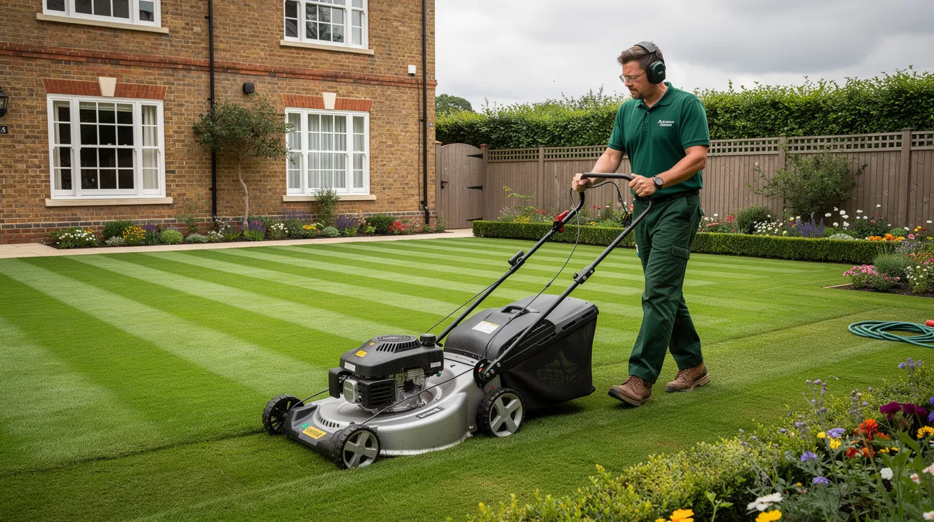 A lawn care professional is meticulously maintaining a lush, healthy lawn in the UK, demonstrating expertise in applying professional lawn treatments and ensuring the grass remains in perfect condition. The scene highlights the importance of professional lawn care services for achieving a vibrant and well-kept outdoor space.