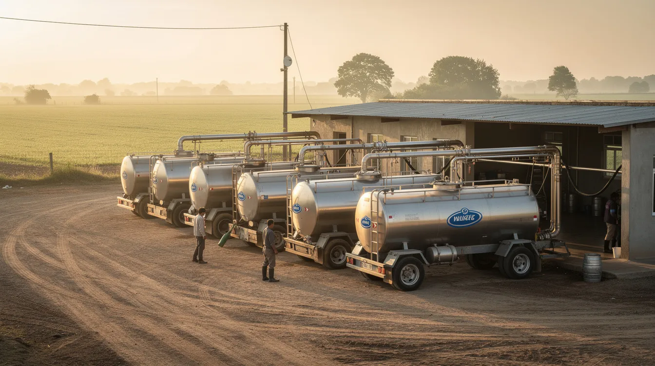 b9108a14 9d8f 47c6 935e 905acb852a06 The image shows several milk collection tankers lined up at a rural dairy collection center, highlighting the operational efficiency of the dairy industry. This scene reflects the importance of effective working capital management in ensuring the smooth collection and processing of milk, which is vital for maintaining the financial health of dairy farms.